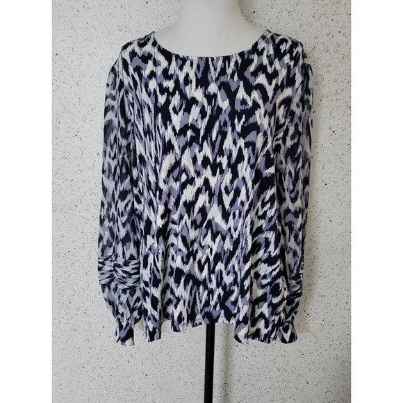Calvin Klein Womens Top Sheer Balloon Sleeves Blue Black White Size XL Career - Picture 1 of 11